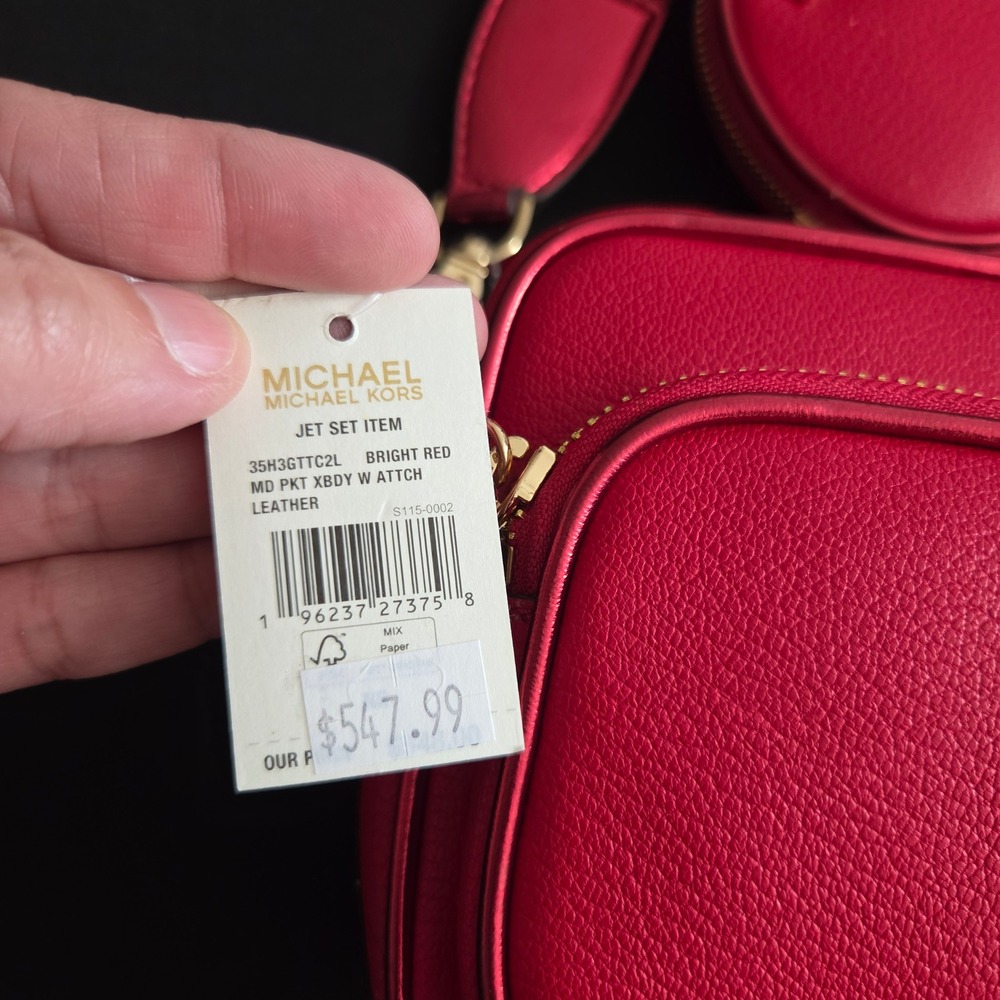 Michael Kors Jet Set Bright Red Leather Medium Pocket Crossbody Bag 35H3GTTC2L - Picture 3 of 9